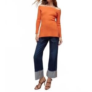 NEW VERONICA BEARD derick ribbed off-shoulder pullover top in deep orange